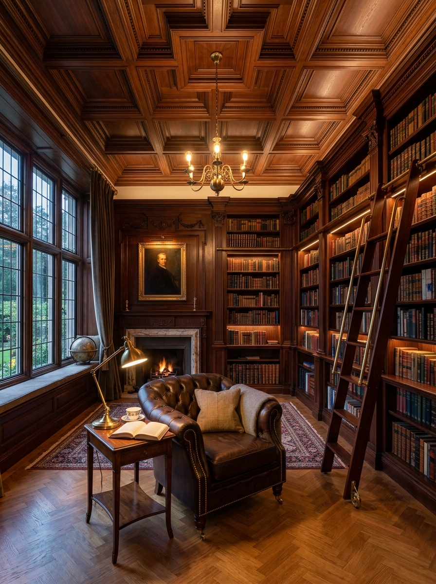 Luxury home library custom mahogany wood cabinets