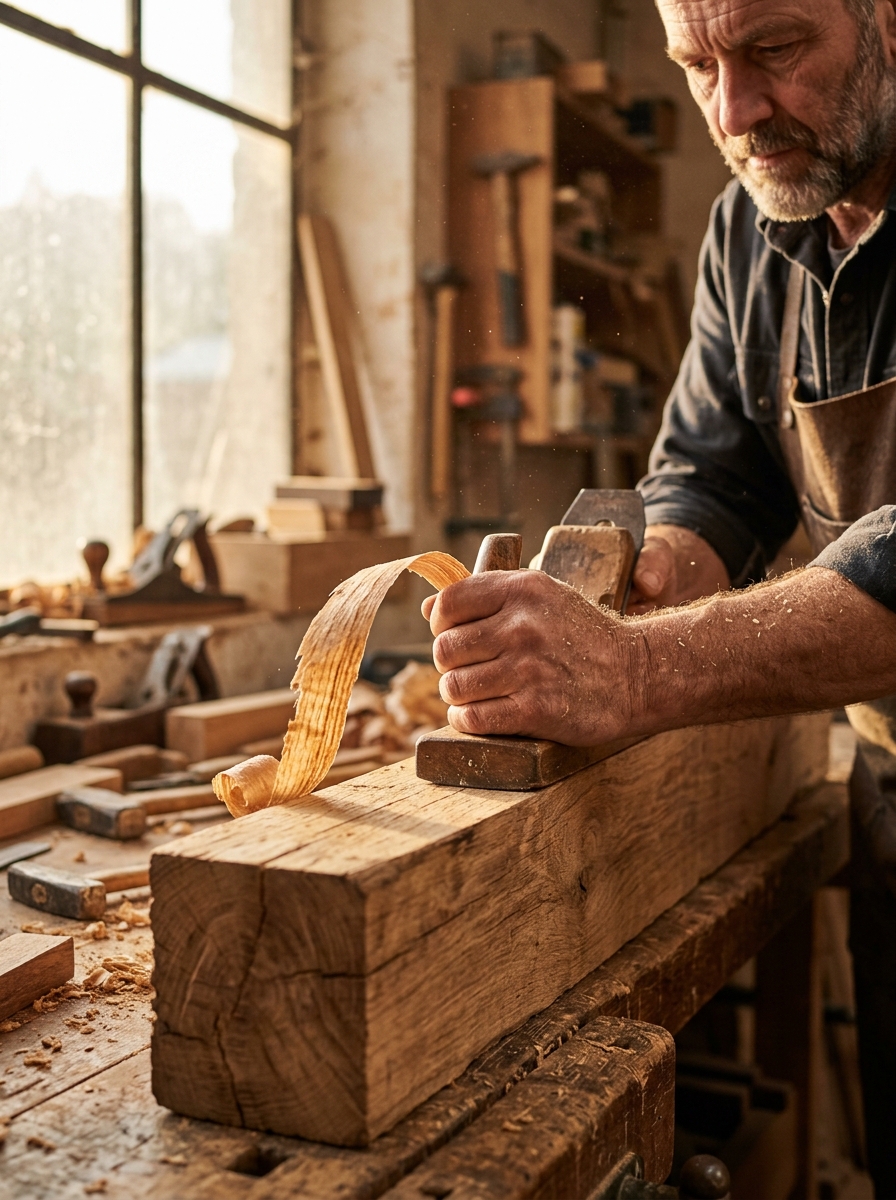 Artisan woodworker hand planing solid oak beams